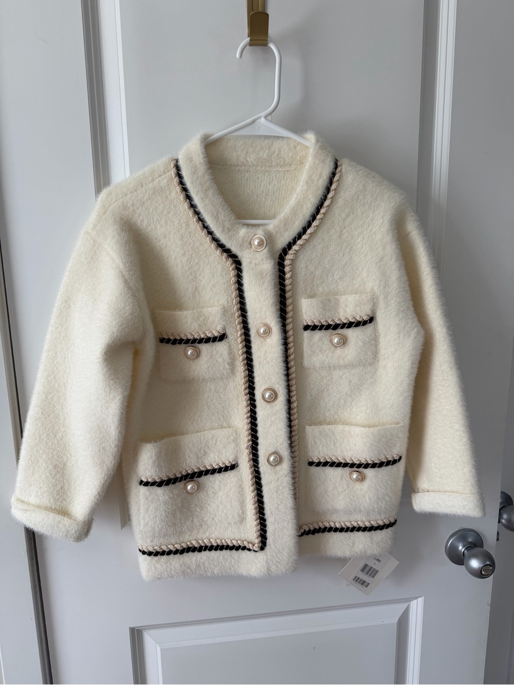 J.ING Cream Kids Tweed-Style Jacket with Black Trim & Pearl Buttons